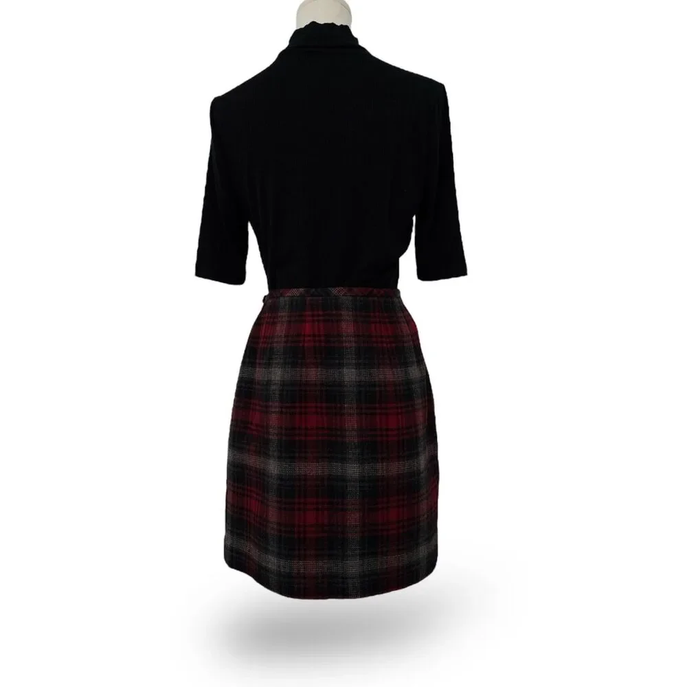 EDDIE BAUER Wool Plaid Wrap Skirt Wm Sz 4P Black, Red, Gray EUC VINTAGE Cabincor